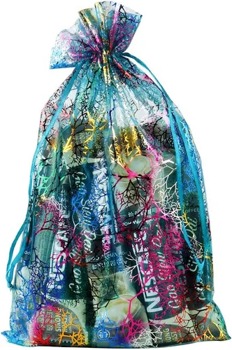 Vista 4 de Zwish Paquete de 50 bolsas de regalo de organza de 8 x 12 pulgadas, estilo azul coral para juguetes, dulces, chocolate, fiesta, Navidad, regalo