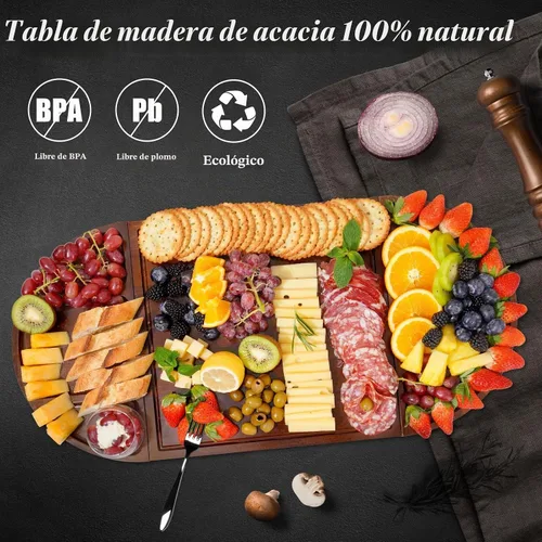 Vista 4 de NiHome Tabla de Charcutería de Madera de Acacia Magnética Grande de 26”x13” en Forma de Espiga, Tablas de Servir para Entretener, Hermoso Juego