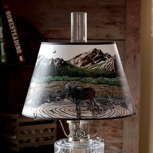 Vista 2 de Aladdin Pantalla de lámpara de aceite de pergamino, accesorio de base de 14 pulgadas, diseño de montaña rocosa