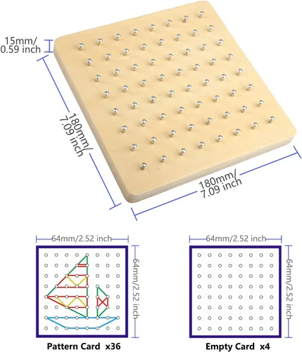 Vista 6 de Thoth Tablero geométrico de madera Montessori, material matemático para manipular, bloques de arreglo con 36 tarjetas de patrones y bandas de goma