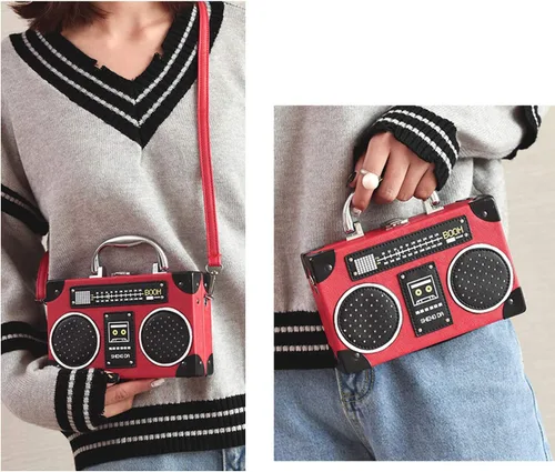 Vista 6 de KUANG! Bolso de mano retro con forma de radio para mujer, bolso de hombro elegante de noche