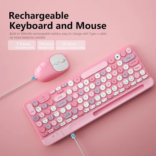 Vista 4 de [Usado] Teclado y Mouse Inalámbricos Bluetooth, Combo de Teclado y Mouse Recargable Multidispositivo con Soporte para Teléfono