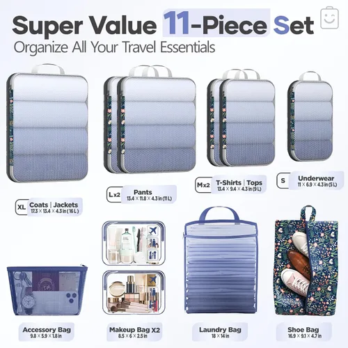 Vista 2 de Veken Juego de 11 cubos de compresión para artículos esenciales de viaje, bolsas organizadoras compresibles expandibles grandes para maletas