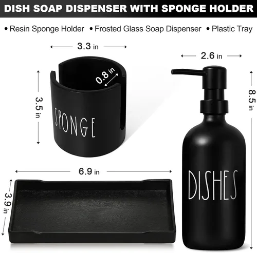 Vista 2 de Dispensador de jabón para platos para cocina, dispensador de jabón de platos de vidrio con soporte para esponja, juego de dispensador negro