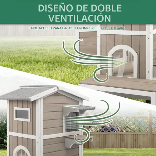 Vista 7 de Casa para gatos de varios niveles para exteriores, resistente a la intemperie con balcón, refugio de 4 puertas
