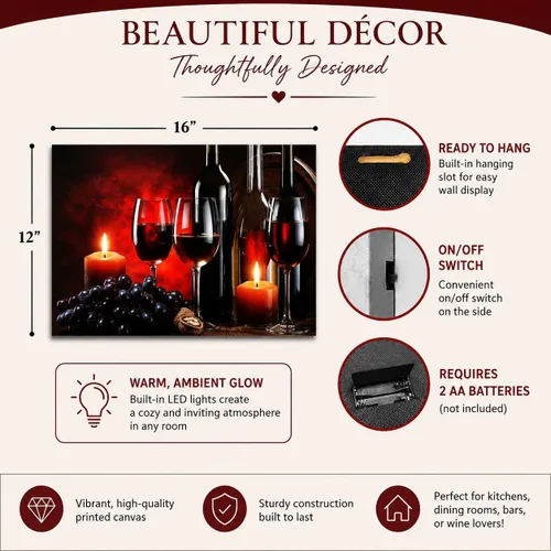Vista 3 de Arte de pared LED de vino con luces, copas de vino tinto, velas y uvas, decoración de pared en lienzo iluminado, funciona con pilas, para colgar