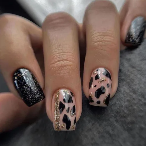 Vista 10 de Uñas postizas verdes a presión - Uñas falsas cortas cuadradas con purpurina dorada y diseños de remolino, acabado brillante, uñas postizas acrílicas
