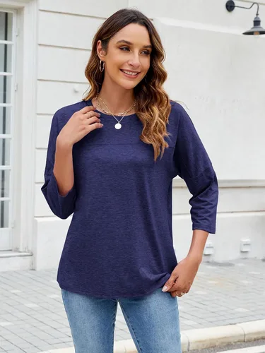 Vista 133 de ZENNILO Camisetas casuales de manga 3/4 para mujer, holgadas, cuello redondo, lindas camisetas básicas