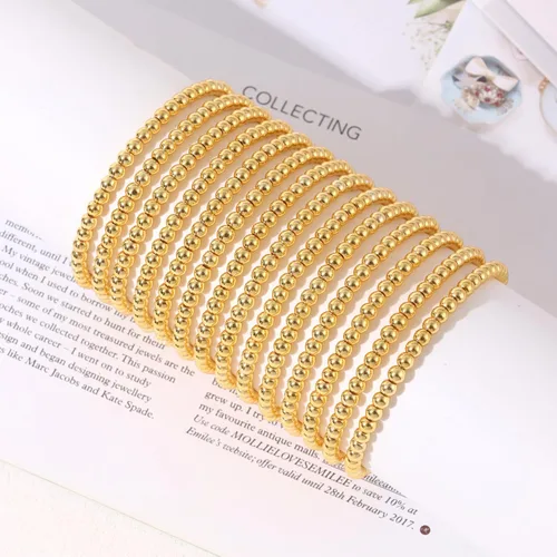 Vista 6 de MOZAKA 14 pulseras de cuentas de oro para mujer, chapados en oro de 14 quilates, pulsera elástica de oro para mujer, apilable