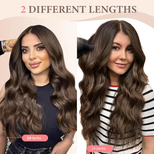 Vista 6 de Fliace Extensiones de cabello con clip para mujer, extensiones de cabello ondulado largo de color marrón medio, extensiones de cabello sintético