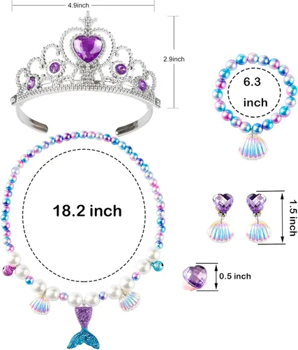 Vista 5 de Disfraz de sirena para niñas con corona morada, guantes de joyería, disfraz de princesa de Halloween