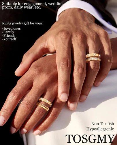 Vista 3 de TOSGMY Anillos de oro y plata para mujer, sin deslustre, anillos apilables modernos y delicados chapados en oro de 18 quilates, con circonita