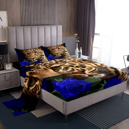 Vista 48 de Erosebridal Sábanas de cama de guepardo con rosa roja, juego de sábanas de bolsillo profundo con estampado de leopardo y gato, sábana bajera