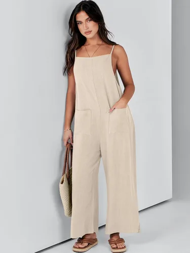Vista 6 de ANRABESS Overol de lino con bolsillos para mujer, estilo casual, suelto, largo, con pierna ancha