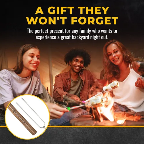 Vista 8 de CORQUE Palitos para Asar Malvaviscos, Palitos para S'mores, Extensibles, Pincho de Campamento para Fogata, Mango de Madera, Metal de 32 Pulgadas