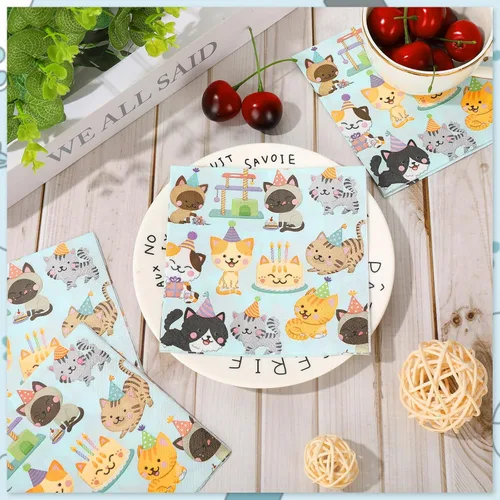 Vista 4 de JarThenaAMCS 100 hojas de servilletas de fiesta de gatos de 5 x 5 pulgadas, desechables para gatitos, servilletas de papel de cóctel coloridas