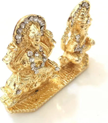 Vista 2 de Itiha Diosa Lakshmi/Shri Lakshmi/Diosa de la riqueza con Ganesha/Ganpati Estatua dorada para el templo del hogar o tablero del automóvil, 2.5