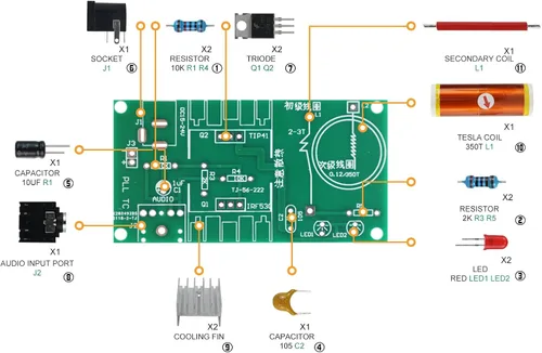 Vista 2 de Kit de Práctica de Soldadura 5 en 1 Mini Bobina Tesla Musical, Luz Fluida Enchufable, Timbre, Luz Fluida Activada por Sonido, y Rueda de Ruleta