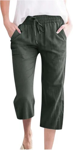 Vista 19 de Ceboyel Pantalones capri para mujer para verano, cintura elástica, pantalones de yoga, con cordón, pantalones de lino, pantalones de entrenamiento