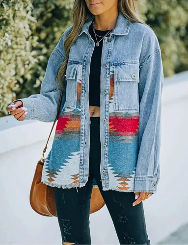 Vista 4 de Haellun Chaqueta azteca de manga larga con solapa y botones para mujer