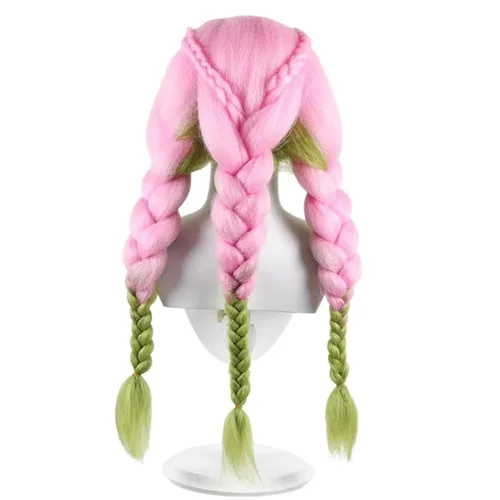 Vista 4 de IMEYLE Kanroji Mitsuri Peluca para Demon Slayer Cosplay peluca larga recta trenzada rosa y verde para mujeres y niñas, peluca sintética de anime