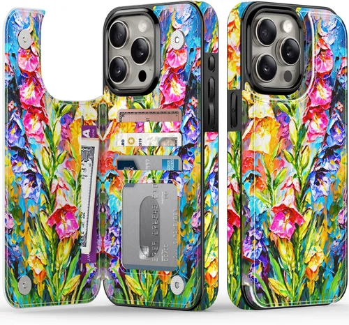 Vista 49 de FUNMIKO Funda tipo cartera para iPhone 15 con tarjetero + clip para efectivo, bloqueo RFID, protección contra caídas de grado militar y obras