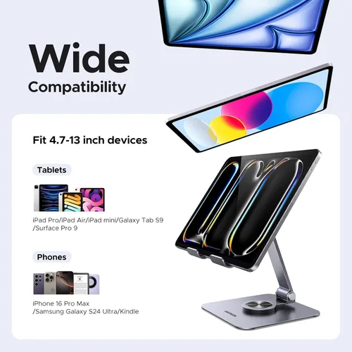 Vista 7 de UGREEN Soporte para tablet para escritorio con base giratoria de 360°, soporte de aluminio ajustable de múltiples ángulos, accesorios para el hogar