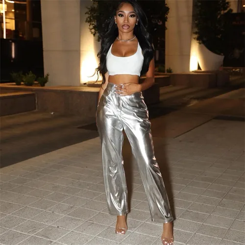 Vista 7 de uhnmki Pantalones plateados metálicos de pierna recta pantalones para mujer cintura alta brillante cintura elástica ropa de calle ropa de club