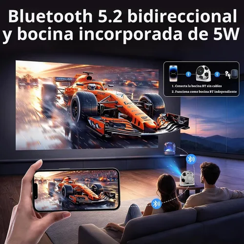 Vista 5 de Mini proyector con WiFi 6 y Bluetooth 5.2, aplicaciones integradas, proyector pequeño portátil 4K, enfoque automático y Keystone, 200 ANSI, altavoz