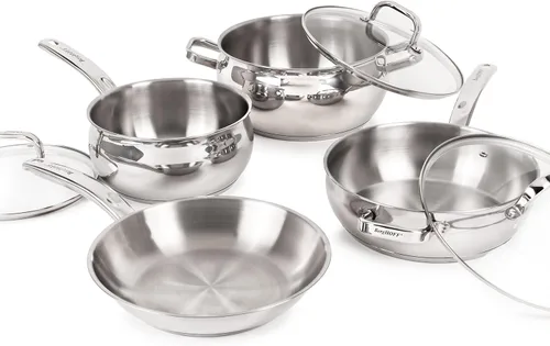 Vista 2 de BergHOFF Belly Shape - Juego de utensilios de cocina de acero inoxidable 18/10, 7 piezas, tapas de vidrio, calentamiento rápido, uniforme, placa