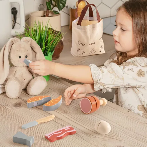 Vista 4 de ROBUD Juego de Comida de Madera para Jugar, Alimentos de Juguete para Cortar para Cocina de Simulación de Niños, Accesorios de Juguete de Cocina
