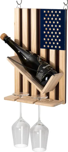 Vista 3 de The Wine Savant Estante para vinos montado en la pared con la bandera estadounidense, hermoso soporte para botellas y vino y 2 vasos patrióticos