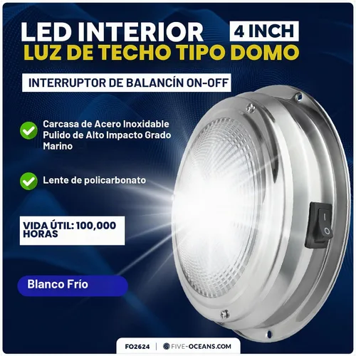 Vista 2 de Five Oceans Luz LED de cúpula interior marina de 4 pulgadas, luz redonda de cabina de barco de acero inoxidable, luz blanca diurna, interruptor