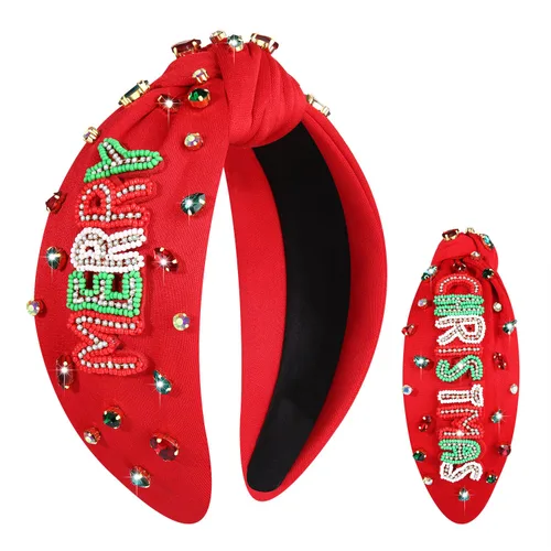 Vista 42 de Diadema de Navidad para mujer, accesorios de Navidad con cuentas, arco de Navidad, árbol, copo de nieve, diadema anudada HOHOHO, rojo y verde, perla