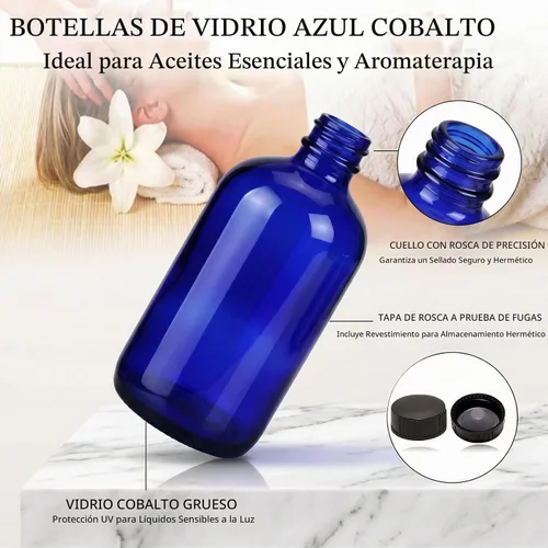 Vista 5 de Botellas de vidrio azul de 16 onzas con tapas reutilizables (paquete de 2), botella de almacenamiento Boston, dispensación para extracto de vainilla