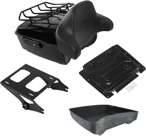 Vista 40 de Respaldo de Maletero de Equipaje King Tour Negro Brillante con Placa de Rack de Montaje Compatible con Harley Modelos Touring 2014-2025 Road Glide
