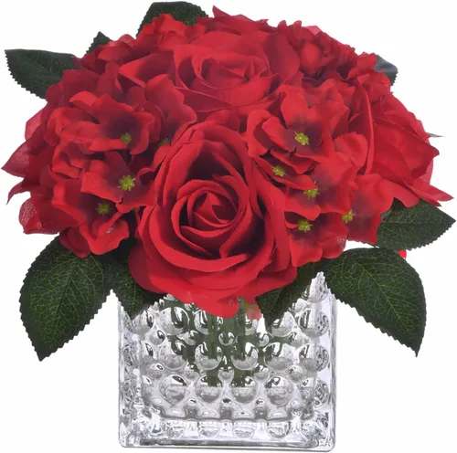 Vista 10 de Arreglo de centro de mesa de rosa artificial de seda en florero de vidrio con luz LED para decoración de bodas en el hogar (Negro)