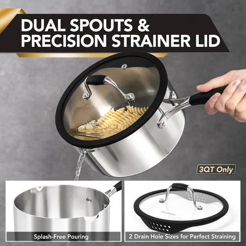 Vista 4 de MICHELANGELO Juego de cacerolas de acero inoxidable triple con tapa colador, olla de salsa resistente con tapa, olla de salsa multiusos compatible
