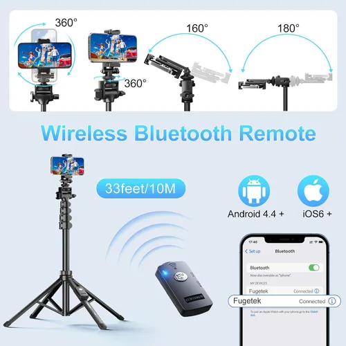 Vista 2 de Fugetek Trípode profesional para teléfono celular de 62", diseño ultra estable de 4 patas, control remoto Bluetooth, bastón y patas 100%