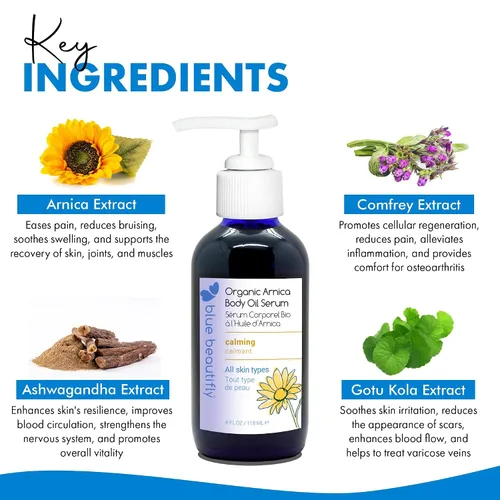 Vista 4 de Blue Beautifly Suero de aceite corporal de árnica orgánico certificado por USDA, alivia el dolor muscular y los dolores articulares, con propiedades