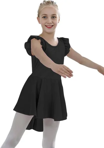 Vista 4 de iLover Vestido de leotardo clásico con tutú y mangas con volantes para niñas, para danza, gimnasia y ballet Negro