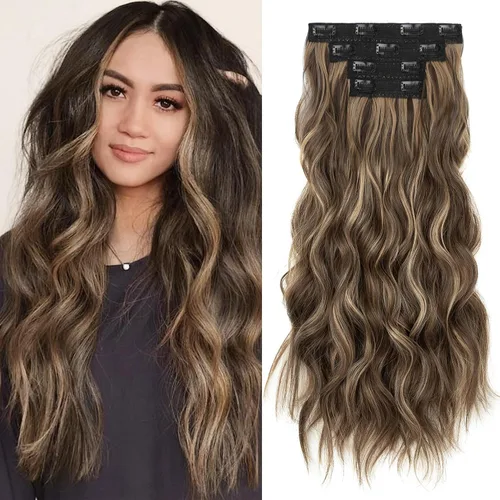 Vista 12 de REECHO Extensiones de cabello con pinza, 4 piezas de extensiones de cabello rubio de 24" de largo, ondas de playa gruesas, HE003, trama de encaje