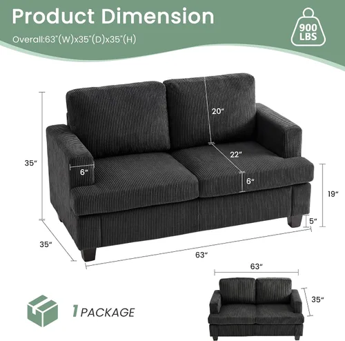 Vista 2 de Fiona's magic Juego de sofá de 4 plazas, 2 piezas, cómodo sofá biplaza con asientos profundos para sala de estar, sofá cama moderno, pana negra