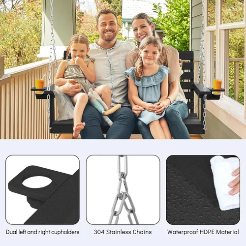 Vista 5 de Plawdlik Columpios de porche, silla de patio de 2 asientos con dos portavasos, banco impermeable de polietileno de alta densidad para patio