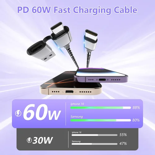 Vista 5 de Cable de carga largo USB-C 3 en 1 para iPhone 15/16, 3M/10 pies, 60 W, USB-C+USB-A a tipo C, cable de carga de datos trenzado de nailon para Apple