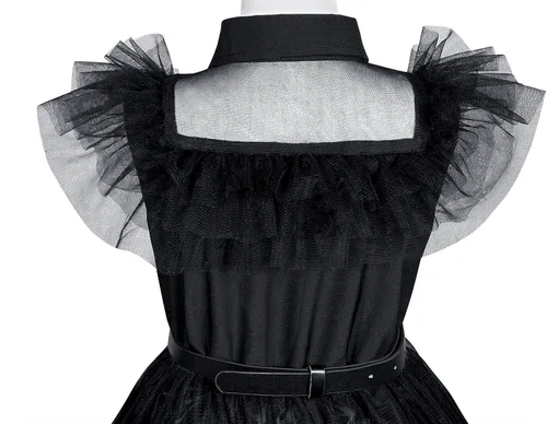 Vista 7 de Zalongye Disfraz de Wednesday addams para niñas, disfraz de la familia Addams, vestido de fiesta de Halloween con cinturón, 4-12 años