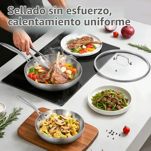 Vista 5 de Inqibee Juego de sartenes de acero inoxidable 8.5-10 con tapa, mango