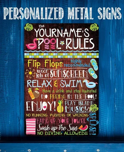 Vista 4 de Letreros personalizados de reglas de la piscina, letreros de metal para decoración de piscina exterior divertida - Arte de pared para decoración