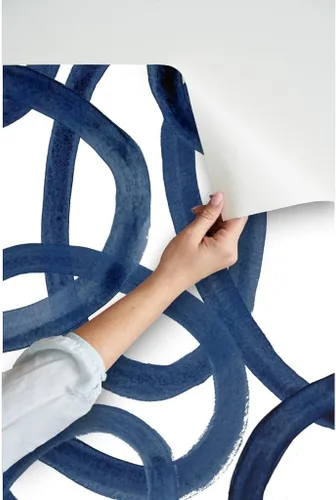 Vista 3 de Muestras de papel tapiz autoadhesivo – Círculos extra grandes, color azul marino y blanco, papel pintado extraíble personalizado por Spoonflower