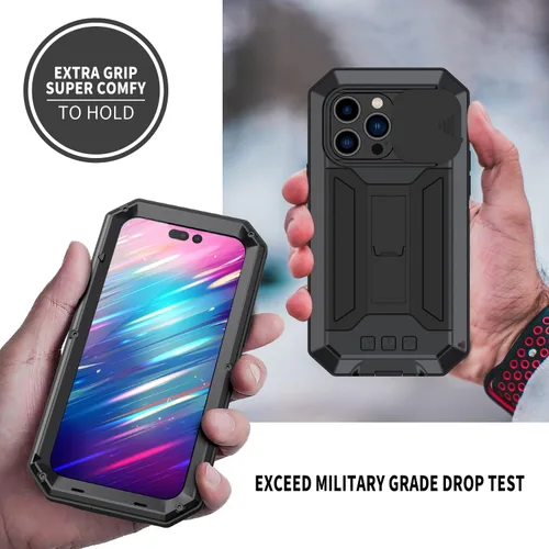 Vista 5 de Simicoo Funda compatible con iPhone 14 con protector de cámara de pantalla con función atril, resistente al agua, de metal militar, resistente